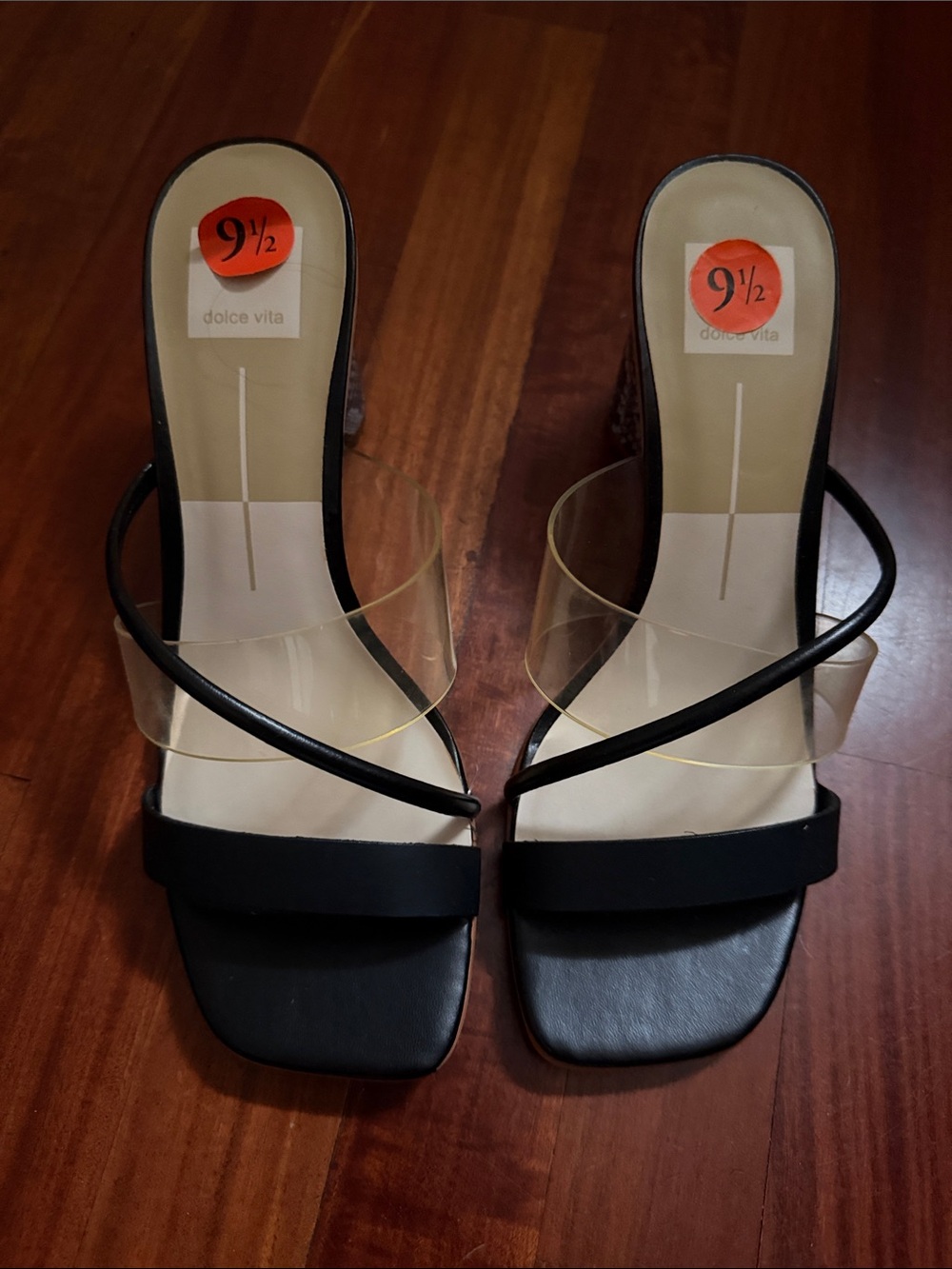 Dolce Vita Black and Clear Strappy Slide Heels